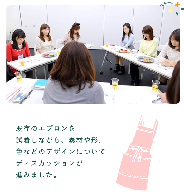 既存のエプロンを試着しながら、素材や形、色などのデザインについてディスカッションが進みました。