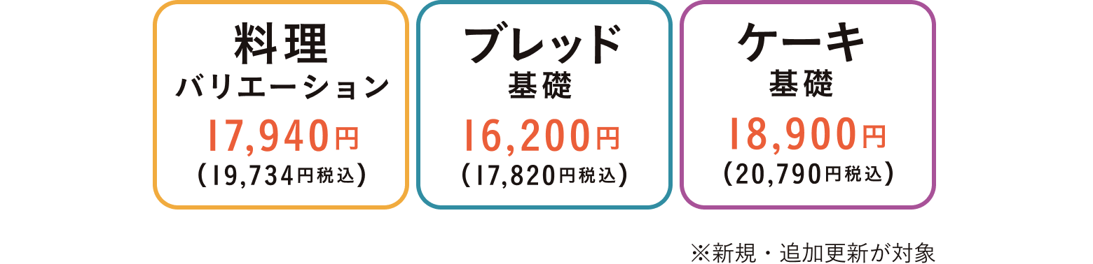 料理バリエーション 17,940円(19,734円税込) ブレッドバリエーション 16,200円(17,820円税込) ケーキバリエーション 18,900円(20,790円税込) ※新規・追加更新が対象