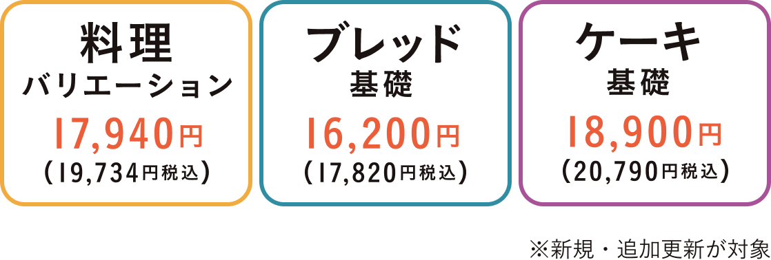 料理バリエーション 17,940円(19,734円税込) ブレッドバリエーション 16,200円(17,820円税込) ケーキバリエーション 18,900円(20,790円税込) ※新規・追加更新が対象
