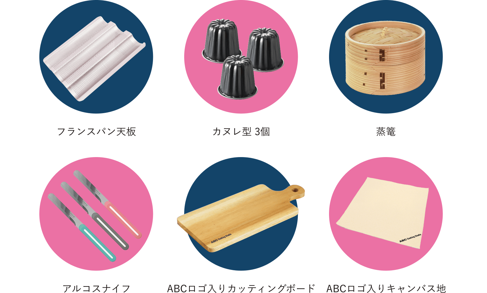 フランスパン天板　カヌレ型 3個　蒸篭　アルコスナイフ　ABCロゴ入りカッティングボード　ABCロゴ入りキャンバス地