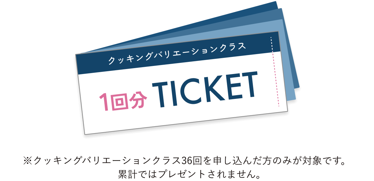 クッキングバリエーションクラスチケット4回分　※クッキングバリエーションクラス36回を申し込んだ方のみが対象です。　累計ではプレゼントされません。