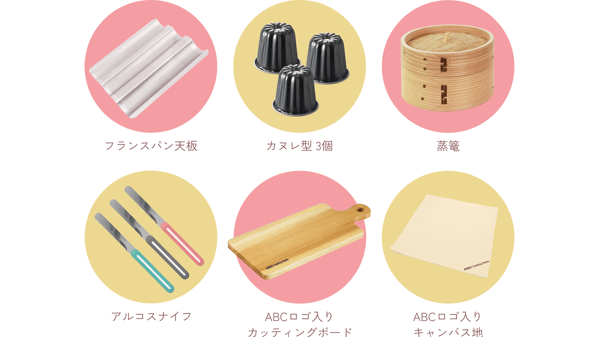 フランスパン天板 カヌレ型 3個 蒸篭 アルコスナイフ ABCロゴ入りカッティングボード ABCロゴ入りキャンバス地