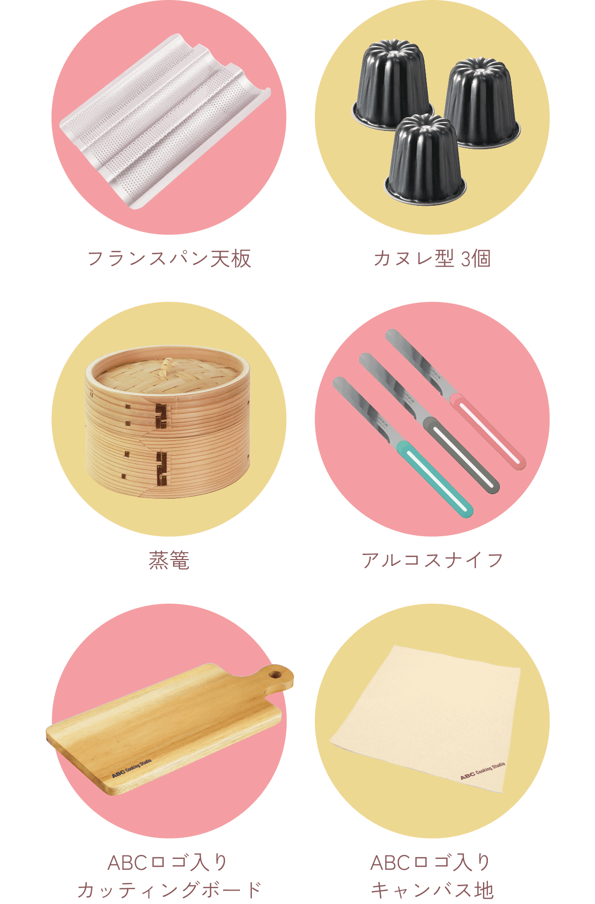 フランスパン天板 カヌレ型 3個 蒸篭 アルコスナイフ ABCロゴ入りカッティングボード ABCロゴ入りキャンバス地