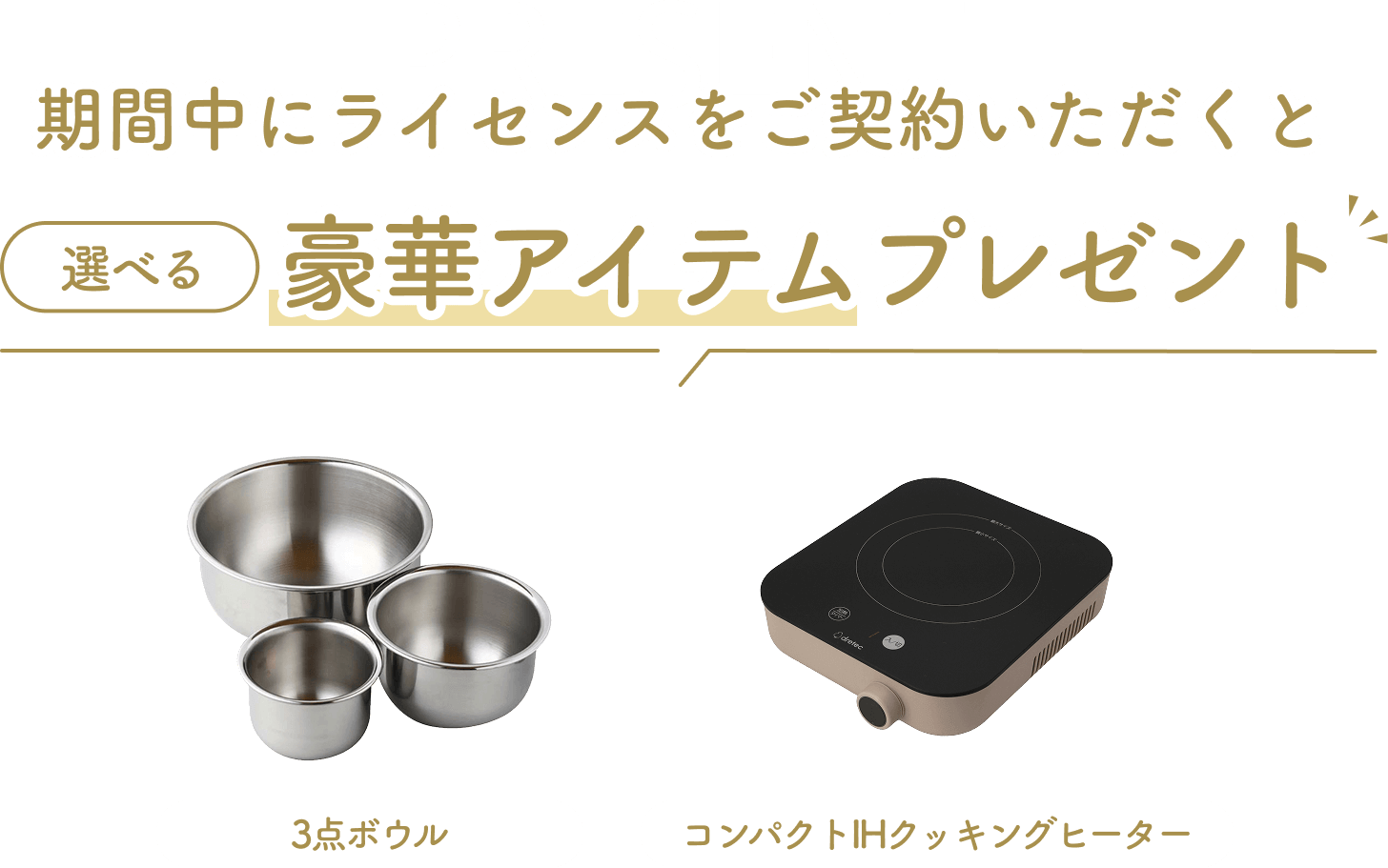 期間中にライセンスをご契約いただくと選べる豪華アイテムプレゼント！今回のプレゼントは3点ボウル、コンパクトIHクッキングヒーターです。