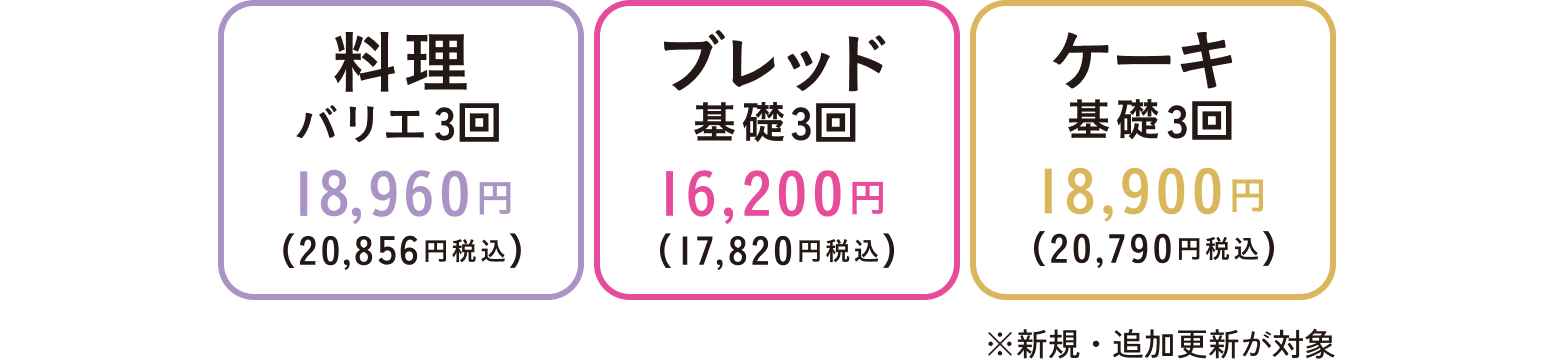 料理バリエーション 18,960円（20,856円税込）　ブレッドバリエーション 16,200円（17,820円税込）　ケーキバリエーション 18,900円（20,790円税込） ※新規・追加更新が対象