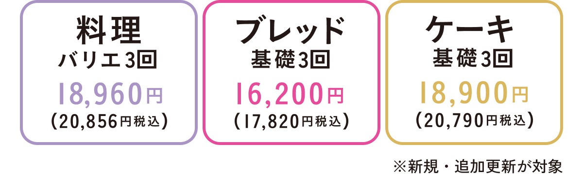 料理バリエーション 18,960円（20,856円税込）　ブレッドバリエーション 16,200円（17,820円税込）　ケーキバリエーション 18,900円（20,790円税込） ※新規・追加更新が対象