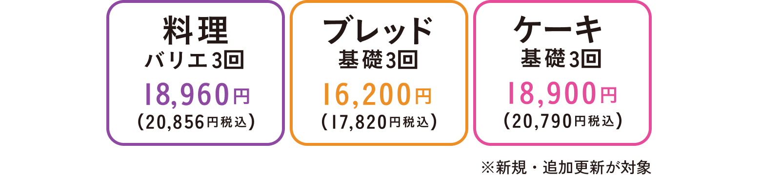 料理バリエーション 18,960円（20,856円税込）　ブレッドバリエーション 16,200円（17,820円税込）　ケーキバリエーション 18,900円（20,790円税込） ※新規・追加更新が対象