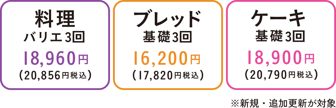 料理バリエーション 18,960円（20,856円税込）　ブレッドバリエーション 16,200円（17,820円税込）　ケーキバリエーション 18,900円（20,790円税込） ※新規・追加更新が対象