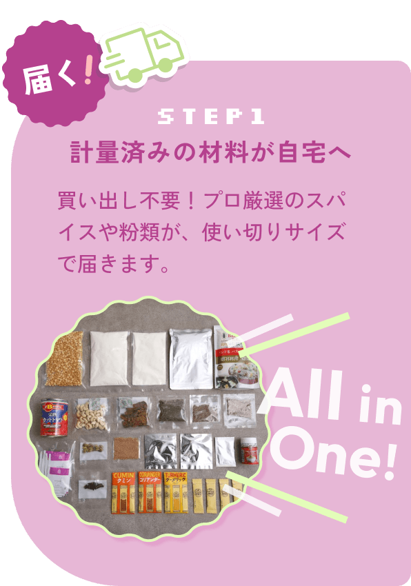 step1:届く！計量済みの材料が自宅へ 買い出し不要！プロ厳選のスパイスや粉類が、使い切りサイズで届きます。