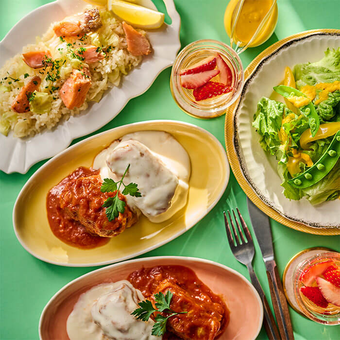 Wソースのロールキャベツとごろごろサーモンピラフ |料理教室の