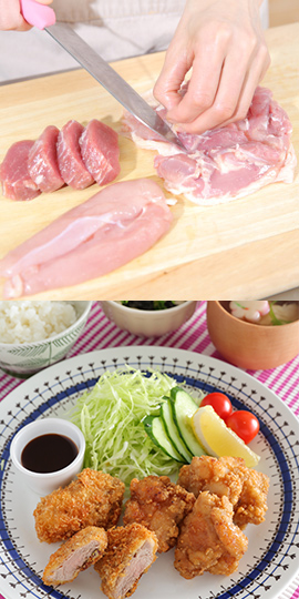 鶏の唐揚げ／ひとくちヒレカツ／ごはん<br>ささみとみつ葉のわさびドレッシング<br>ささみの葛打ちのお吸い物