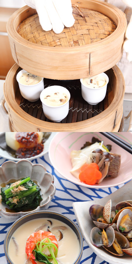 鯛のちり蒸し/茶わん蒸し/ごはん<br>ふろふき大根～肉みそあん～<br>ほうれん草のお浸し<br>あさりの酒蒸し