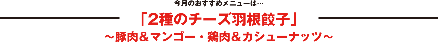 今月のおすすめメニューは…「2種のチーズ羽根餃子」　〜豚肉＆マンゴー・鶏肉＆カシューナッツ〜