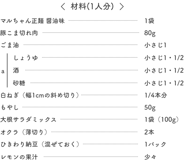 材料一人分、マルちゃん正麺醤油味1袋、豚こま切れ肉80g、ごま油小さじ1、aしょうゆ小さじ1・1/2、a酒小さじ1・1/2、a砂糖小さじ1・1/2、白ねぎ（幅1cmの斜め切り）1/4本分、もやし50g、大根サラダミックス1袋（100g）、オクラ（薄切り）2本、ひきわり納豆（混ぜておく）1パック、レモンの果汁少々