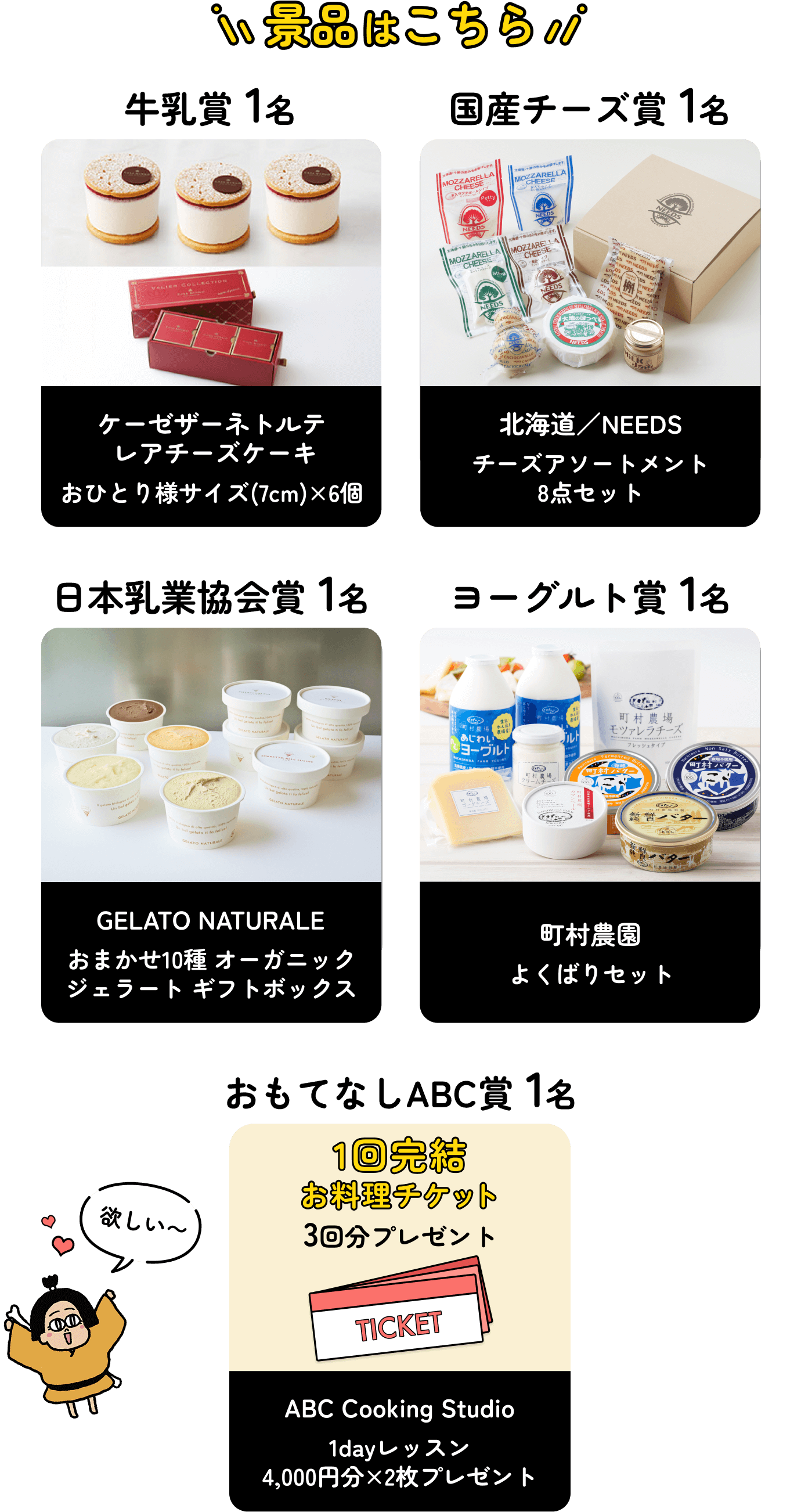 景品はこちら 牛乳賞 1名:ケーゼザーネトルテレアチーズケーキ おひとり様サイズ(7cm)×6個 国産チーズ賞 1名:北海道/NEEDS チーズアソートメント8点セット ヨーグルト賞 1名:町村農園 よくばりセット 日本乳業協会賞 1名:GELATO NATURALE おまかせ10種 オーガニックジェラート ギフトボックス おもてなしABC賞 1名:ABC Cooking Studio 1dayレッスン4,000円分×2枚プレゼント