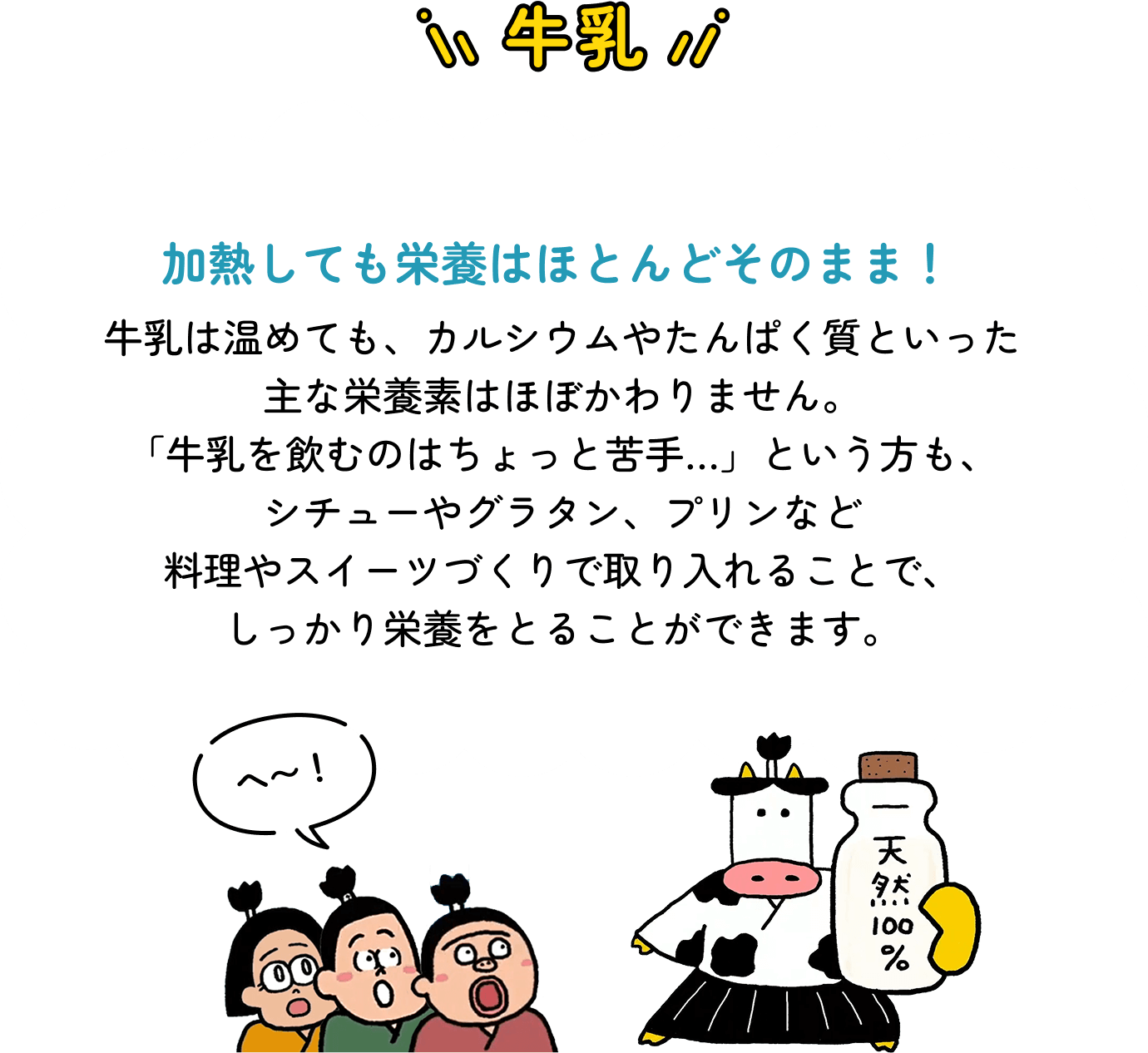牛乳 加熱しても栄養はほとんどそのまま! 牛乳は温めても、カルシウムやたんぱく質といった主な栄養素はほぼかわりません。「牛乳を飲むのはちょっと苦手…」という方も、シチューやグラタン、プリンなど料理やスイーツづくりで取り入れることで、しっかり栄養をとることができます。