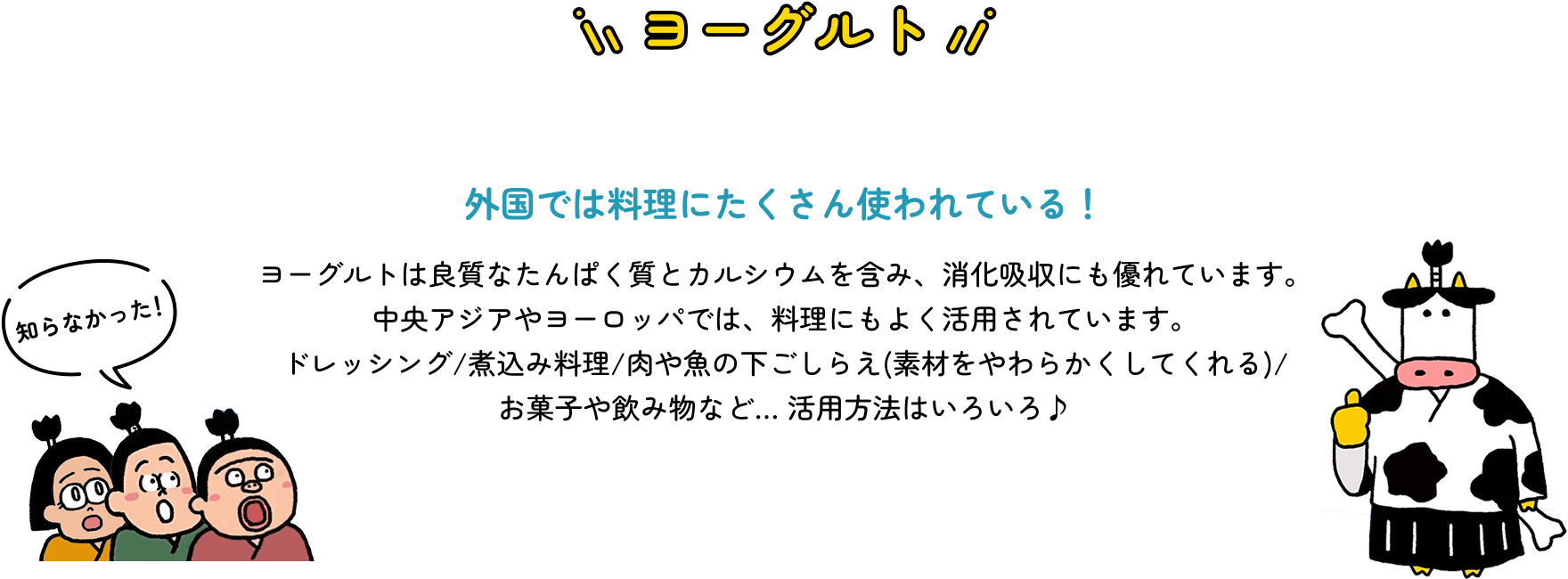 ヨーグルト 外国では料理にたくさん使われている! ヨーグルトは良質なたんぱく質とカルシウムを含み、消化吸収にも優れています。中央アジアやヨーロッパでは、料理にもよく活用されています。ドレッシング/煮込み料理/肉や魚の下ごしらえ(素材をやわらかくしてくれる)/お菓子や飲み物など… 活用方法はいろいろ♪