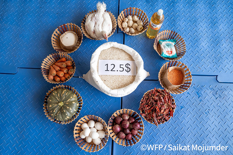 12.5ドルの頃、米13kg・油1ℓ・鶏1羽・野菜・豆類・塩・砂糖の写真