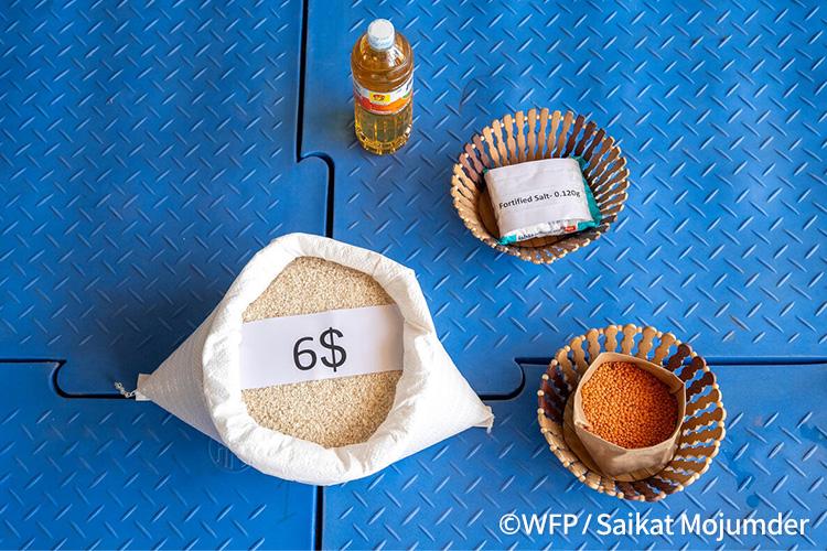 6ドルに減額された際、米8kg・油1ℓ・塩120g・豆類の写真